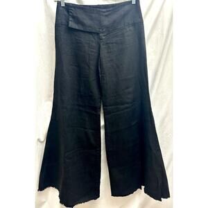 Halo Linen Wide Leg Pants Womens 4 Black High Rise Raw Hem USA